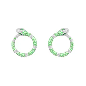 Neon Green Serpent Round Earrings - White Silver