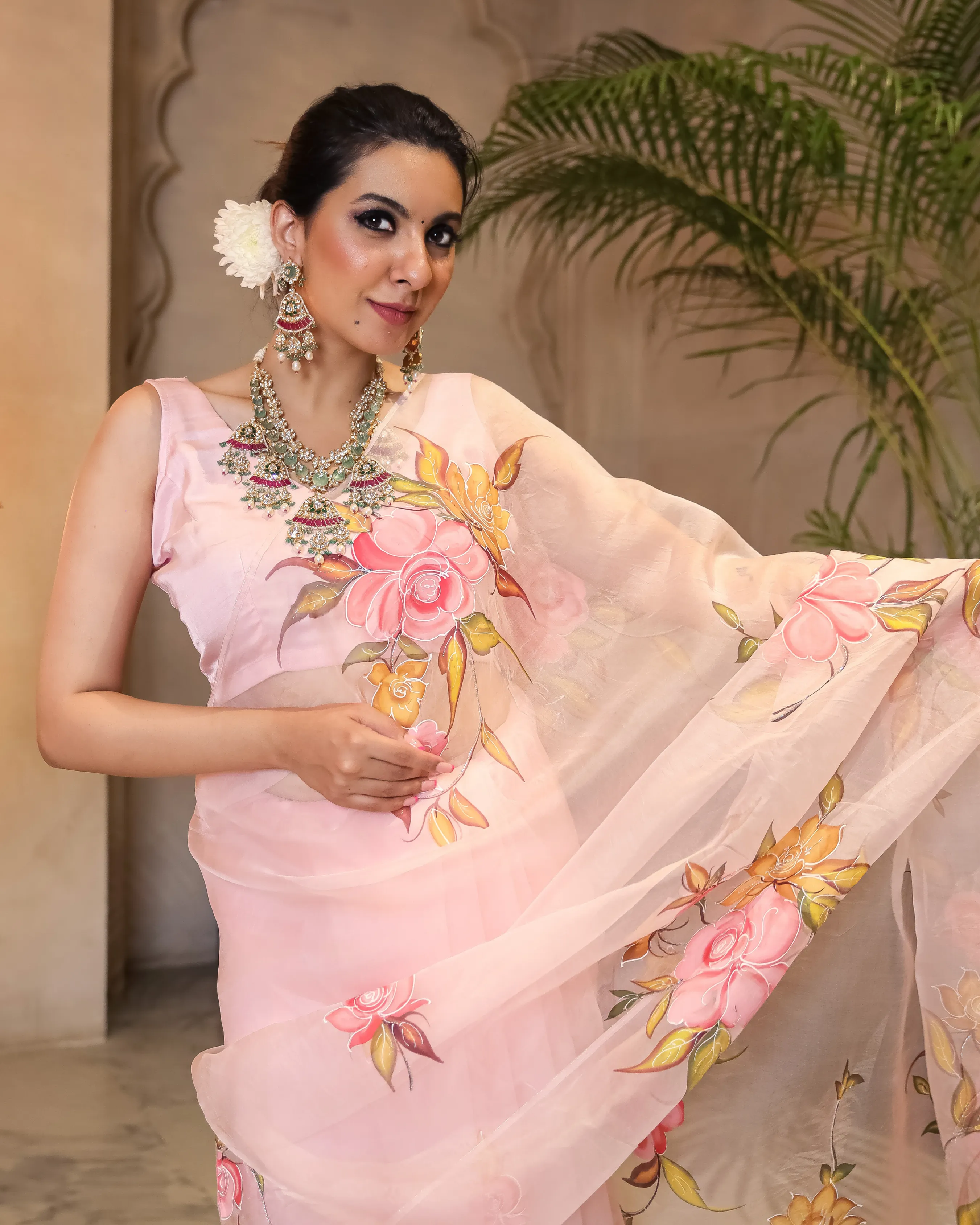 Peach Aura Embellished Handpainted Organza Silk Saree