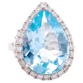 Pear Shaped Blue Topaz Diamond Halo Ring