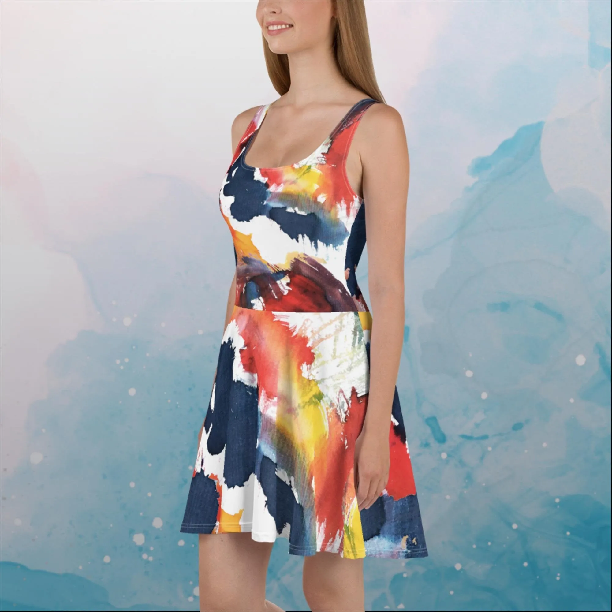 Primary Color Pallet Paint Print Womens Skater Dress