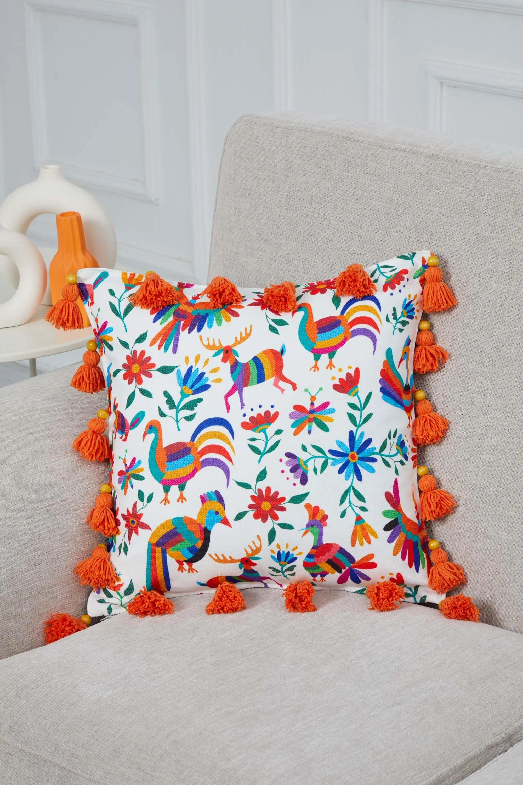 Square Decorative Bohemian Throw Pillow Cover with Handmade Beads and Tassels, 18x18 Inches Handmade Cushion Cover for Sofa and Couch,K-327