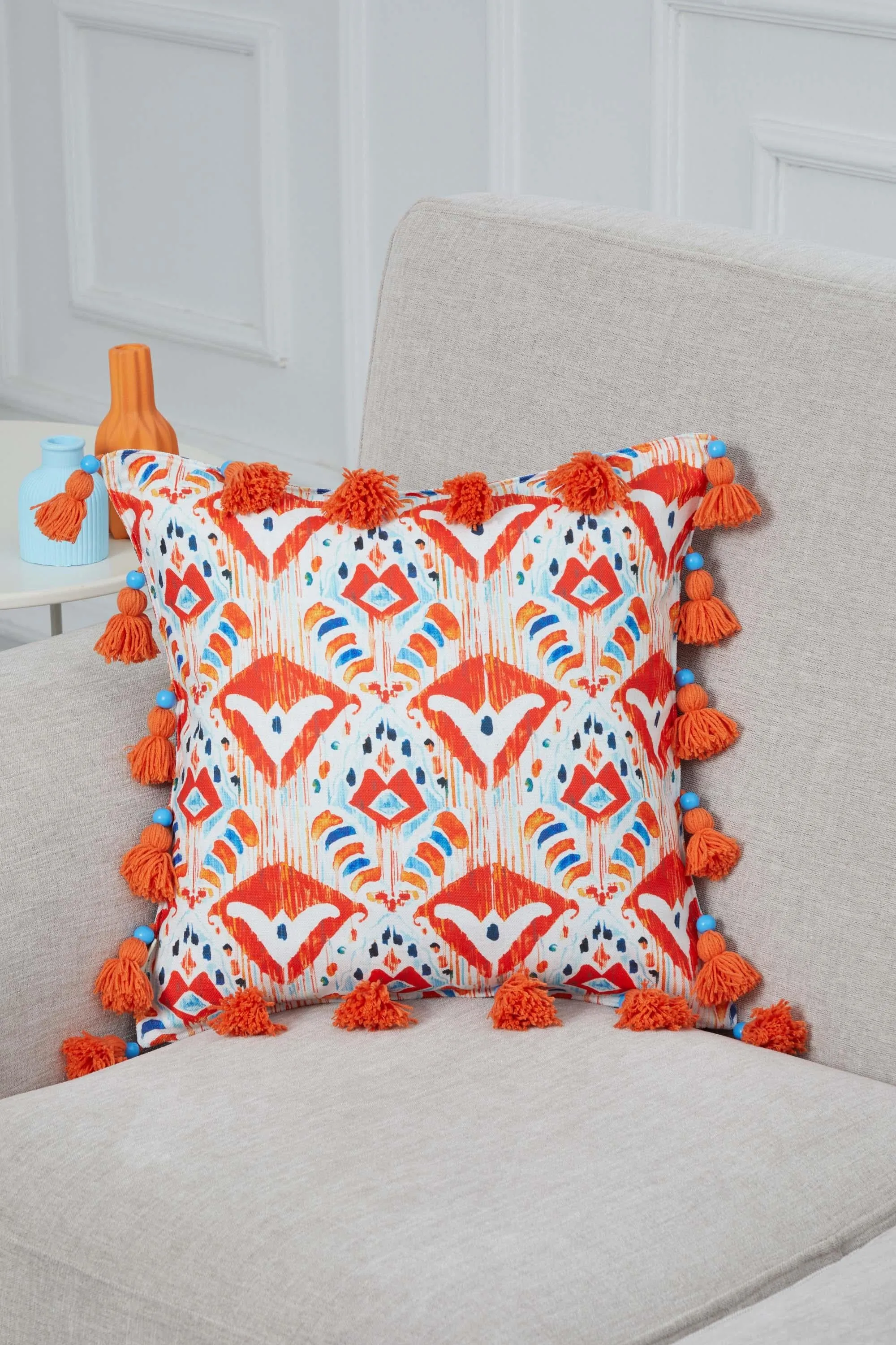 Square Decorative Bohemian Throw Pillow Cover with Handmade Beads and Tassels, 18x18 Inches Handmade Cushion Cover for Sofa and Couch,K-327