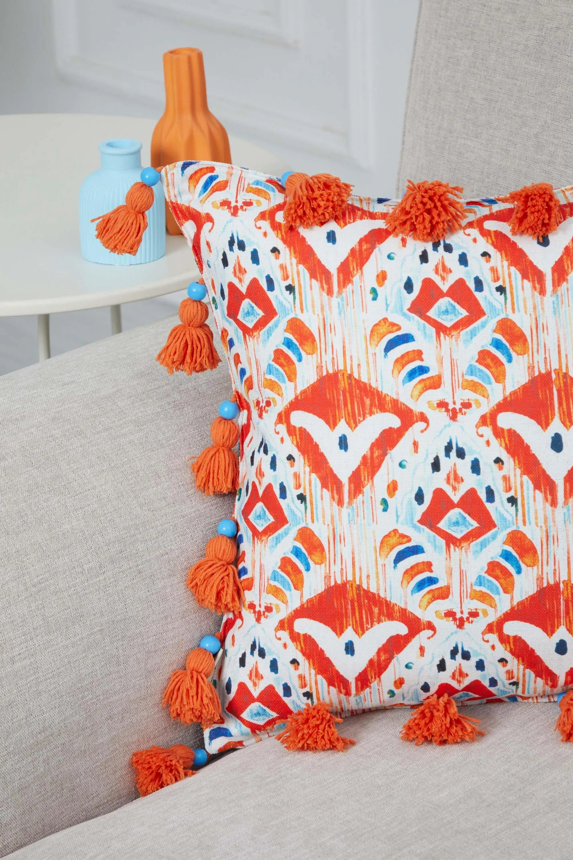 Square Decorative Bohemian Throw Pillow Cover with Handmade Beads and Tassels, 18x18 Inches Handmade Cushion Cover for Sofa and Couch,K-327