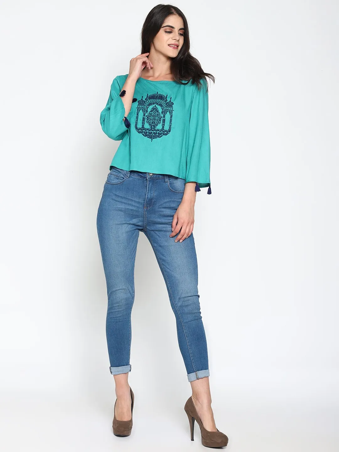 Teal Temple Embroidered Crop Top With Tassels